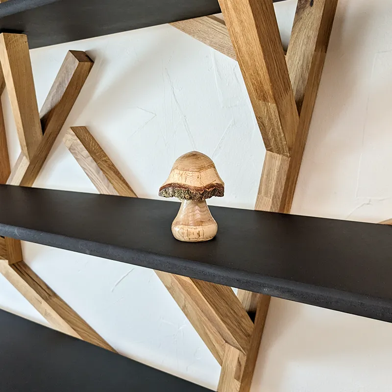 Champignon en bois posé sur une bibliothèque sur mesure inspirée d'un arbre.